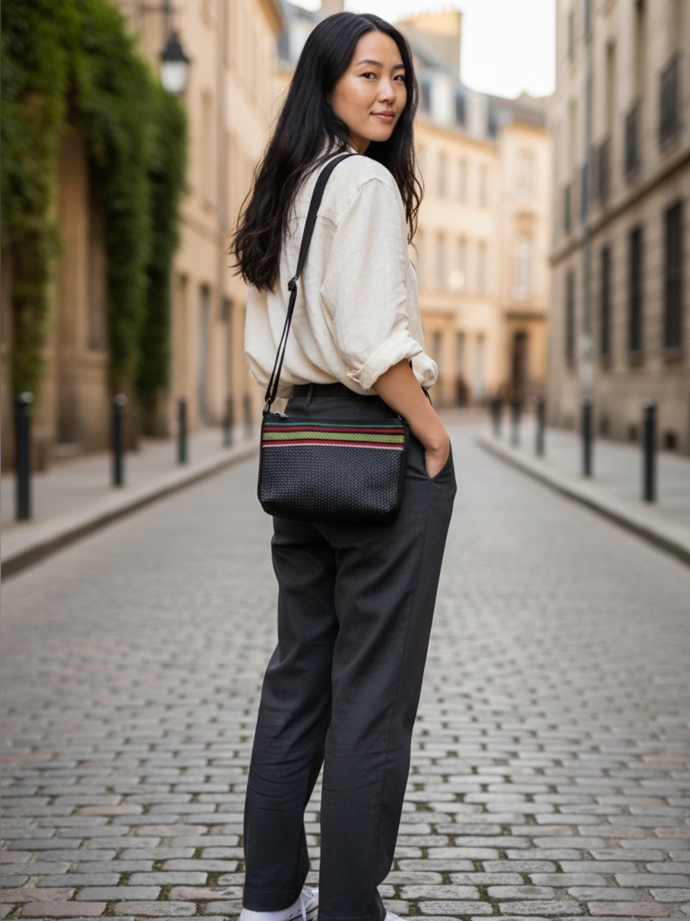 Black Handwoven Crossbody Bag with Multicolor Stripe